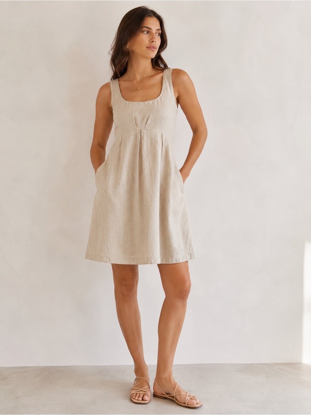Covet Beige Linen Blend Sleeveless Empire Waist Open Back Dress Size 6